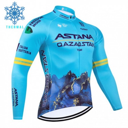 Wielershirt 2024 Astana Qazaqstan Lange Mouw Winter Thermal Fleece Blauw